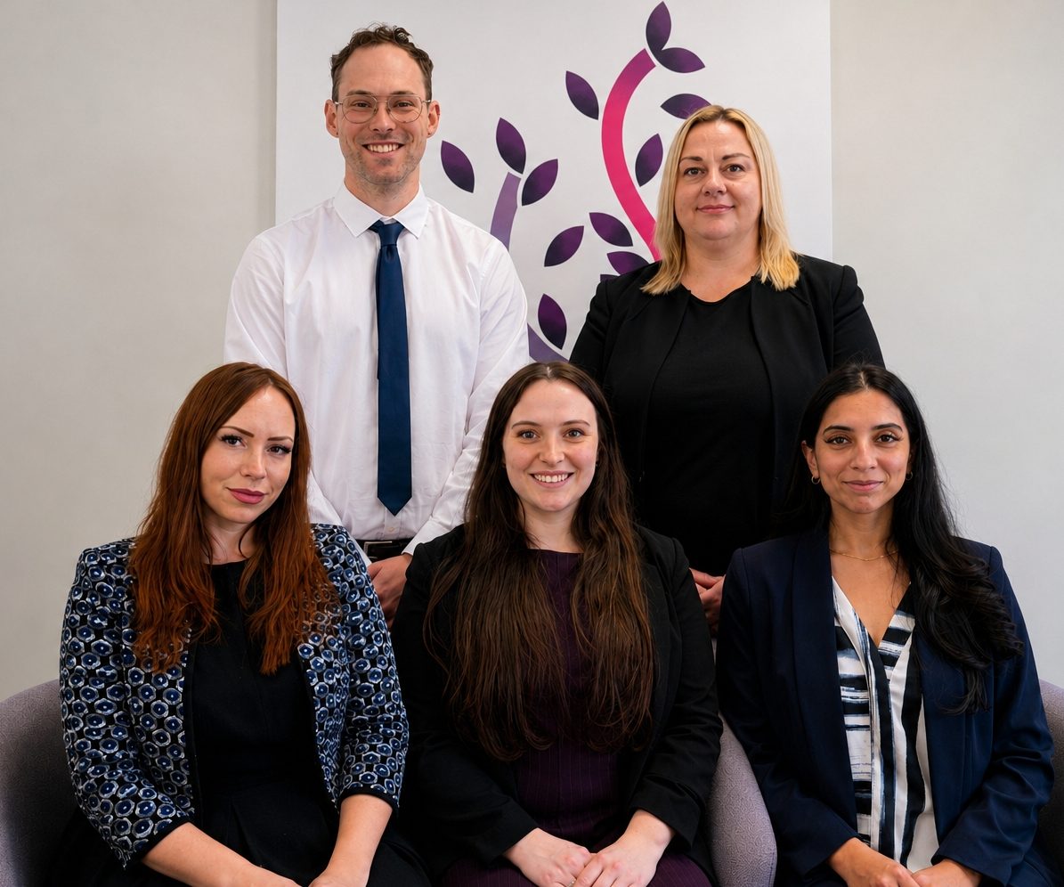 Standing, Matthew Griffiths and Jenna Leach; seated, Emily Bailey, Hannah O'Reilly and Anouska Seedheeyan of LCF Law