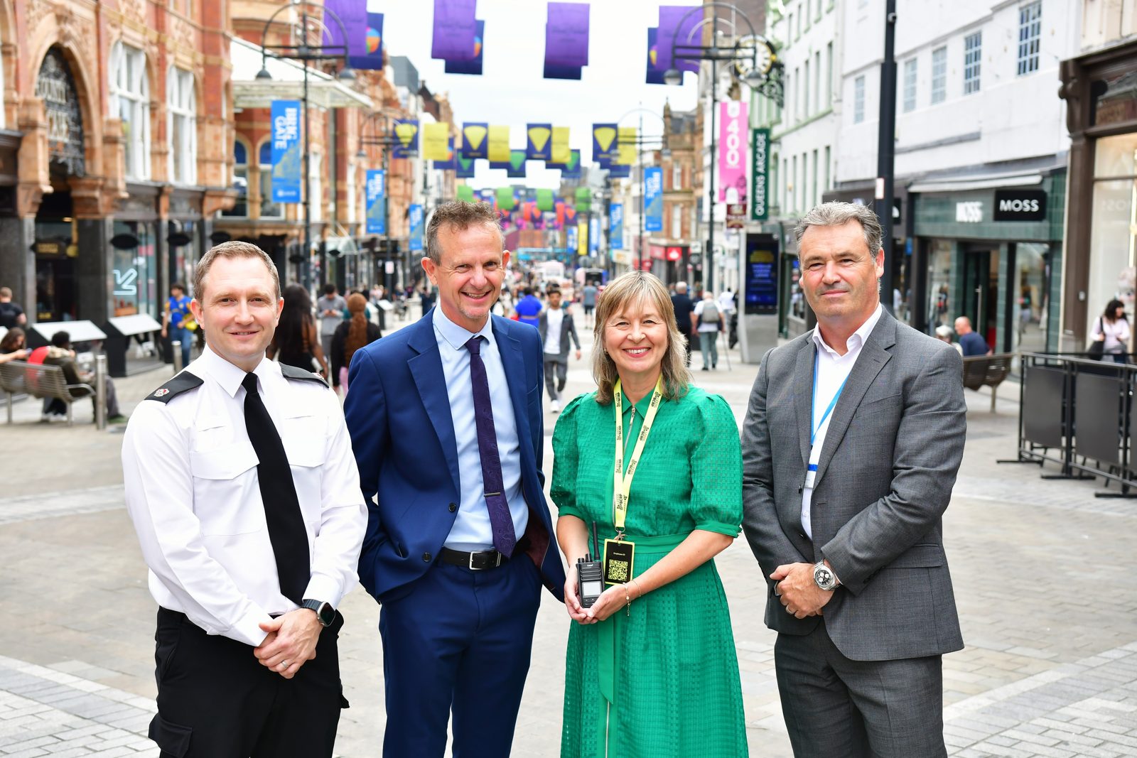 Superintendent Matt Scott of West Yorkshire Police, Andrew Cooper and Karen Butler of LeedsBID, and Paul Money of Leeds City Council at the LeedsBCRP launch